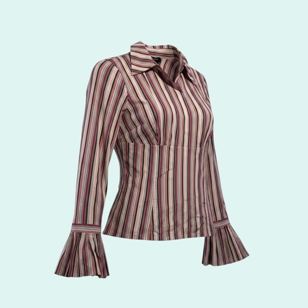 Etcetera Size 6 Striped Bell Sleeve Blouse Y2K Fitted Stretch Top